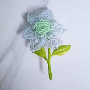 Vintage French Wire Blue and Green Seed Bead Flowe
